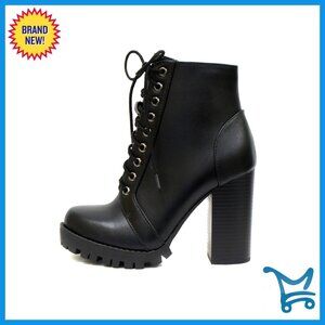 Military Ankle Boots with Lace Up and Side Zipper, Stacked Heel